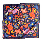 A square cotton bandana featuring a vibrant folk-art style print of birds, chickens, butterflies, flowers, and stars on a dark navy blue background. The scarf is displayed flat against a clean white background, showing its subtle sheen and soft folds.