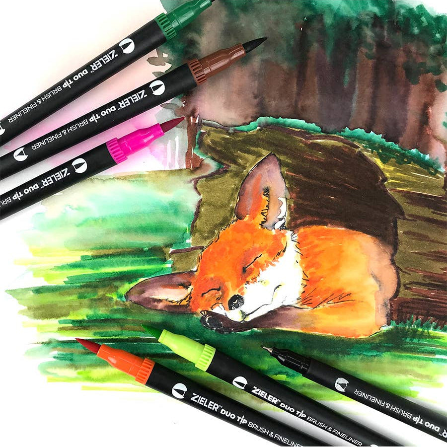 Duo tip brush markers and fine liner pens with a drawing of a fox in a forest