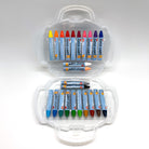 set of triangle shaped crayons with 24 colors for toddlers in a cute carry case with handle