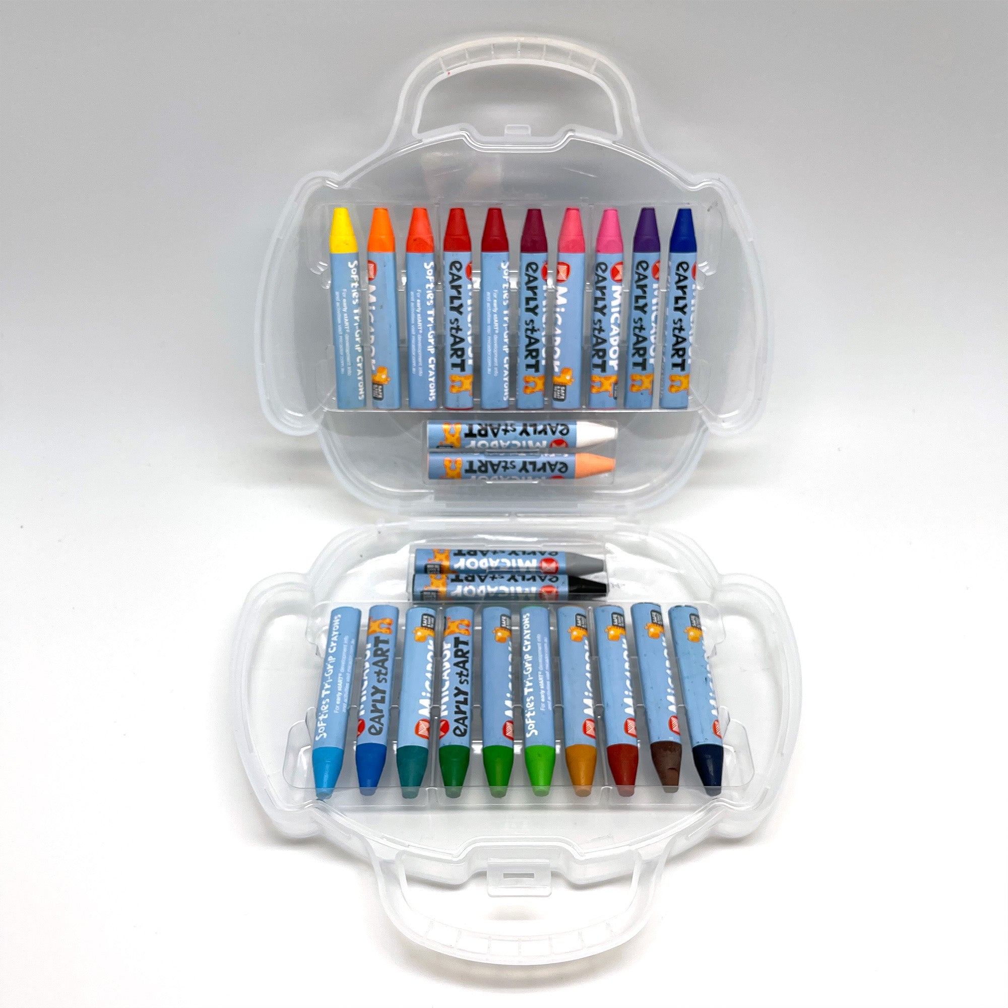 set of triangle shaped crayons with 24 colors for toddlers in a cute carry case with handle