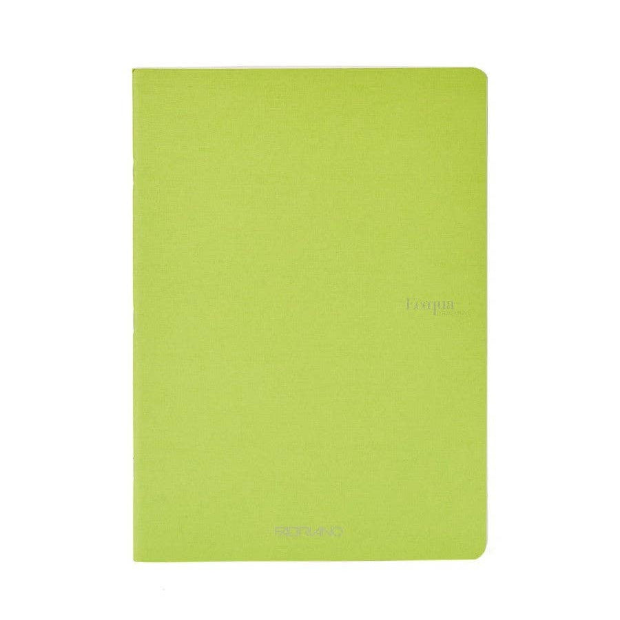 A5 size green notebook by Fabriano made in Italy on a white background