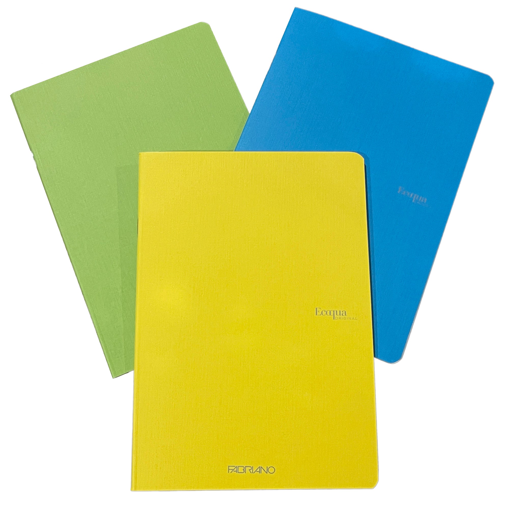 Fabriano yellow, lime green, and turquoise blue notebooks size A5 on a white background