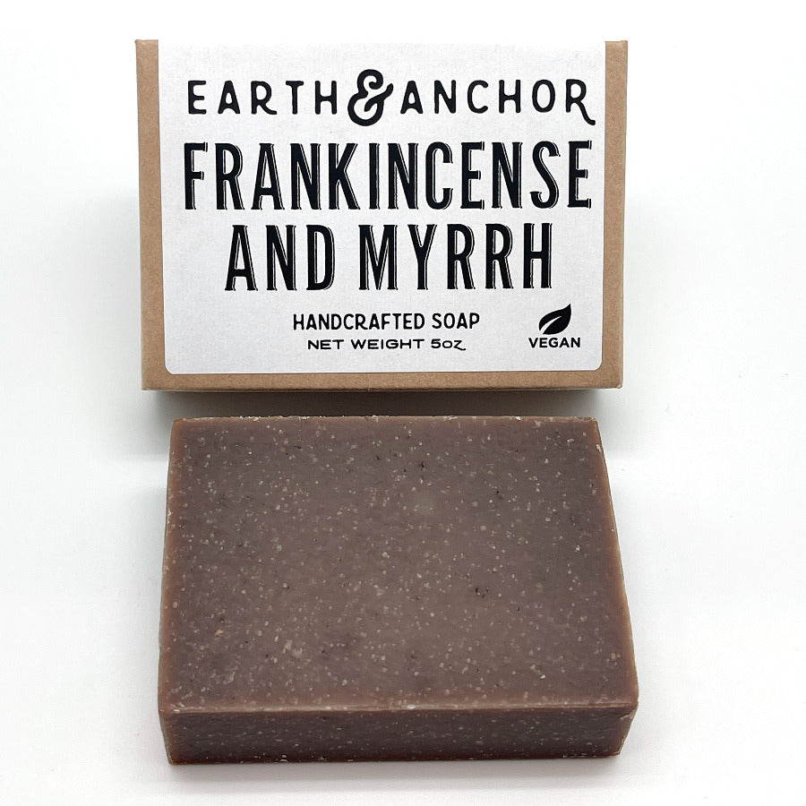 Earth & Anchor Italian Frankincense-and-Myrr soap bar with packaging on a white background