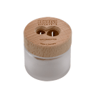 Pencil Sharpener with wooden lid with 'KUM' branding on a clear container against a white background