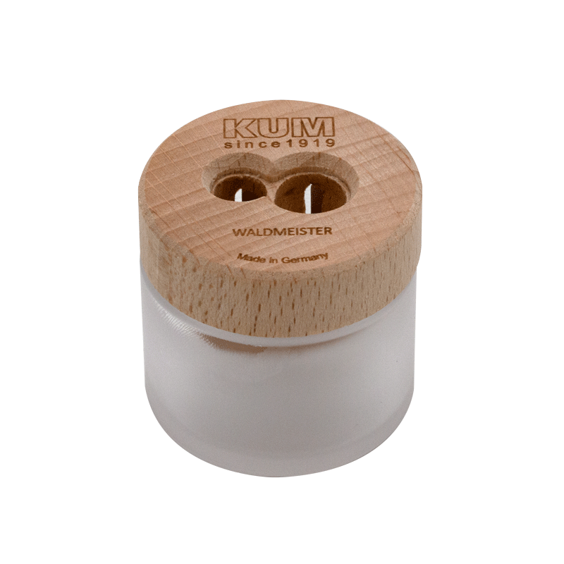 Pencil Sharpener with wooden lid with 'KUM' branding on a clear container against a white background