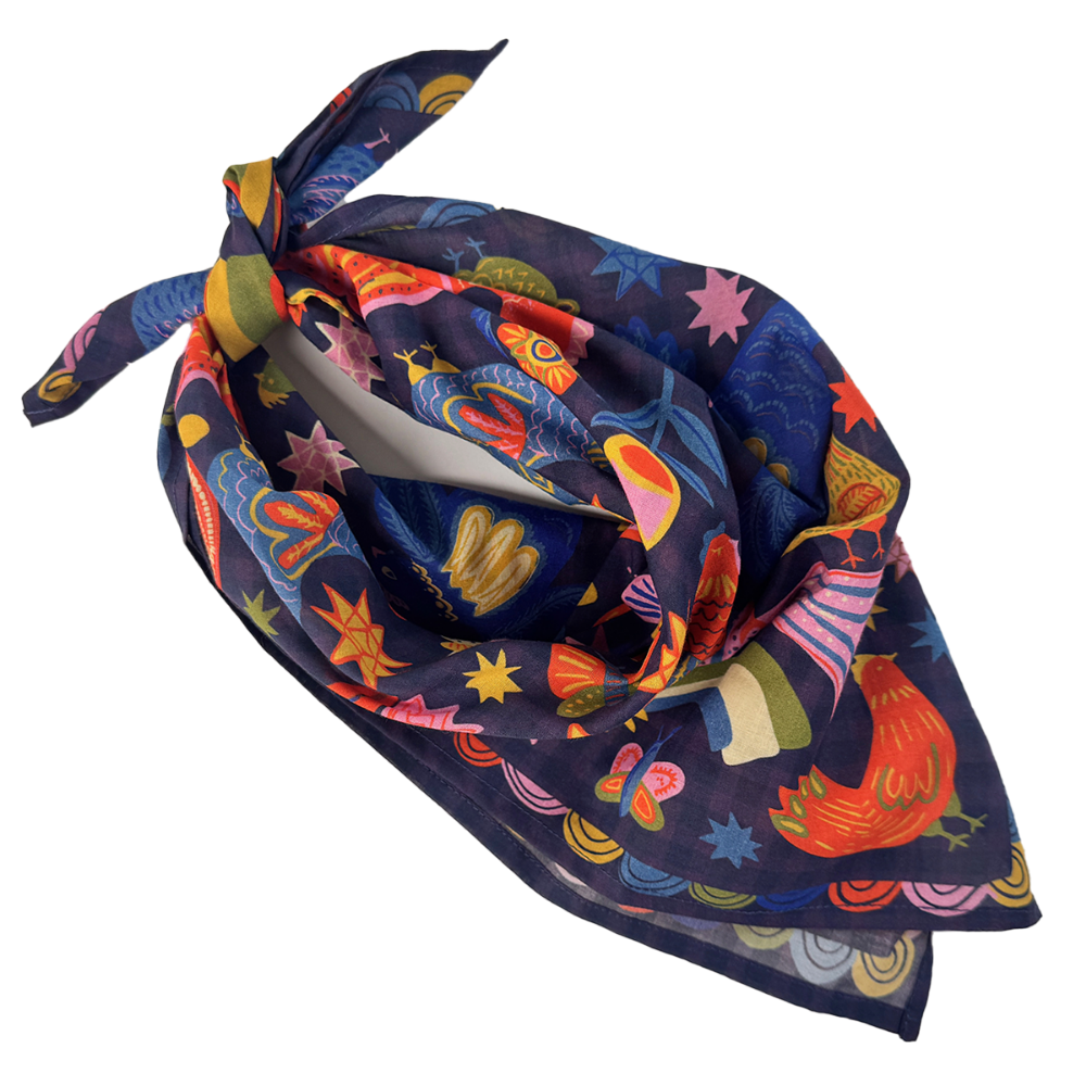 Colorful patterned cotton bandana scarf with birds and chickens on a white background