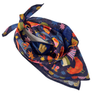 Colorful patterned cotton bandana scarf with birds and chickens on a white background
