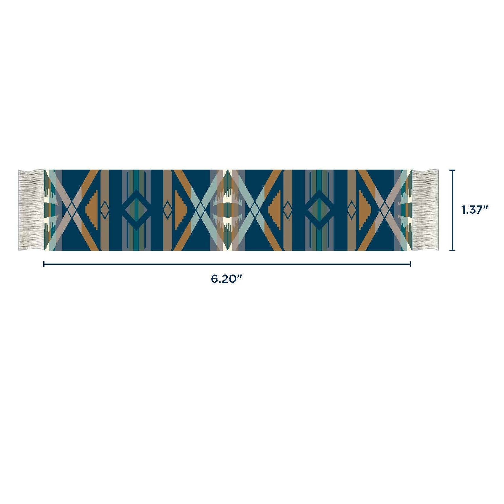 Woven Pendleton bookmark with geometric pattern and measurements on a white background