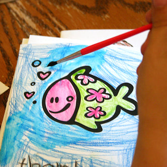 Child coloring card with watercolor paints