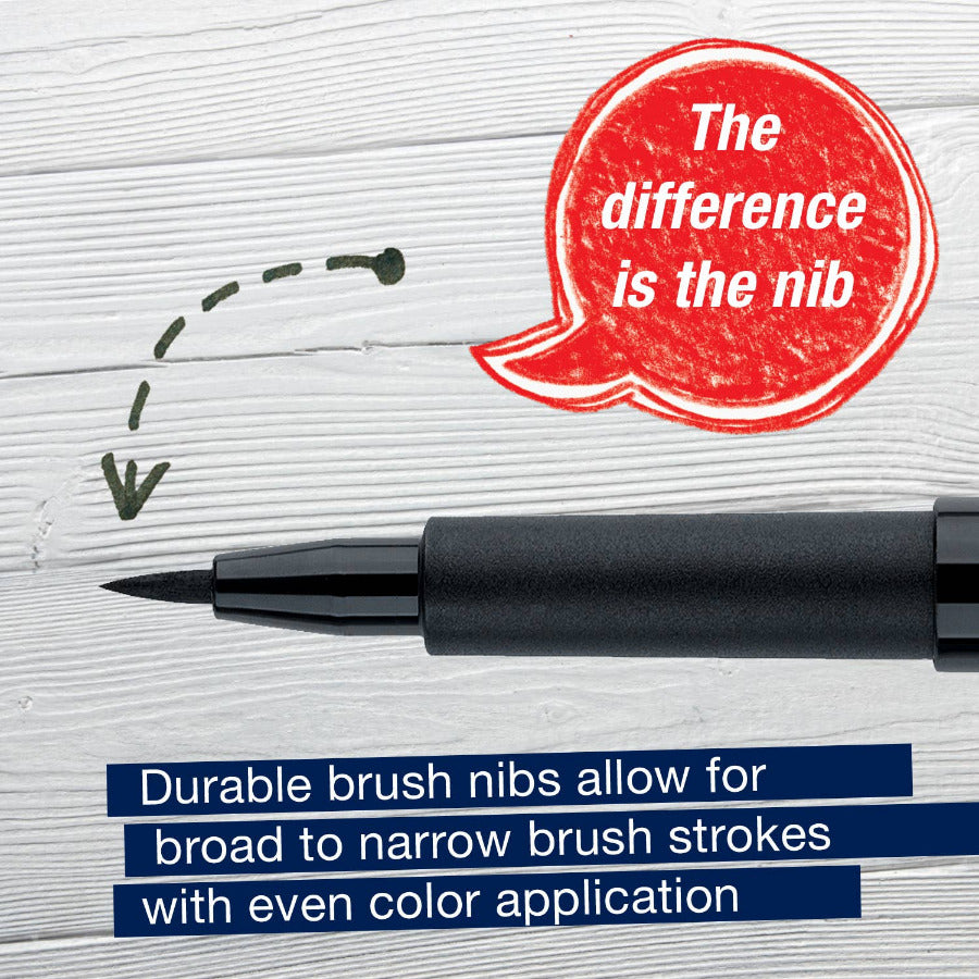 Black marker pen on textured white paper with a red speech bubble and text about durable brush nibs.
