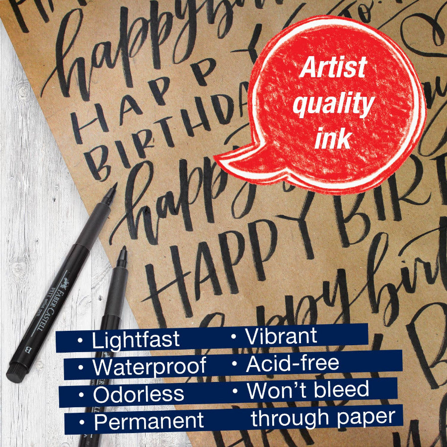 Marker with 'Happy Birthday' text on kraft paper and 'Artist quality ink' label.