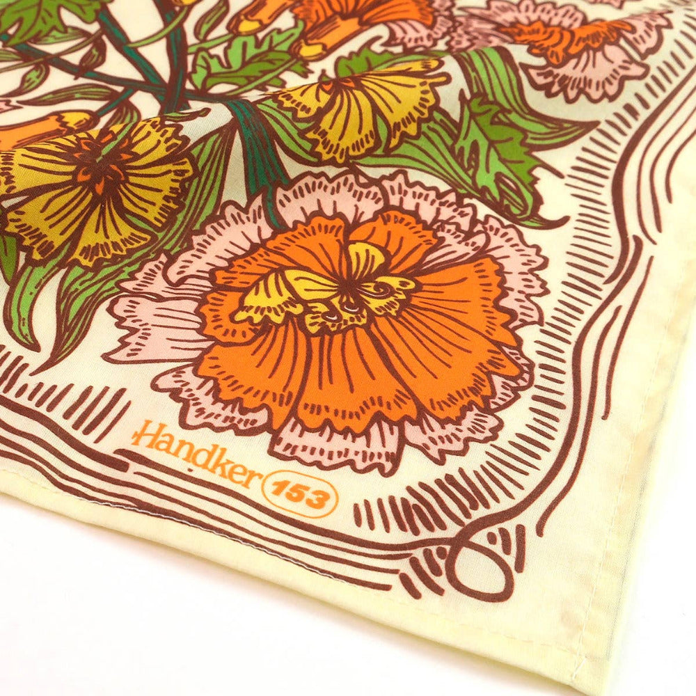 Floral patterned fabric with 'Handker 153' branding on a white background