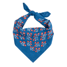 Blue bandana with red and white floral pattern on a white background