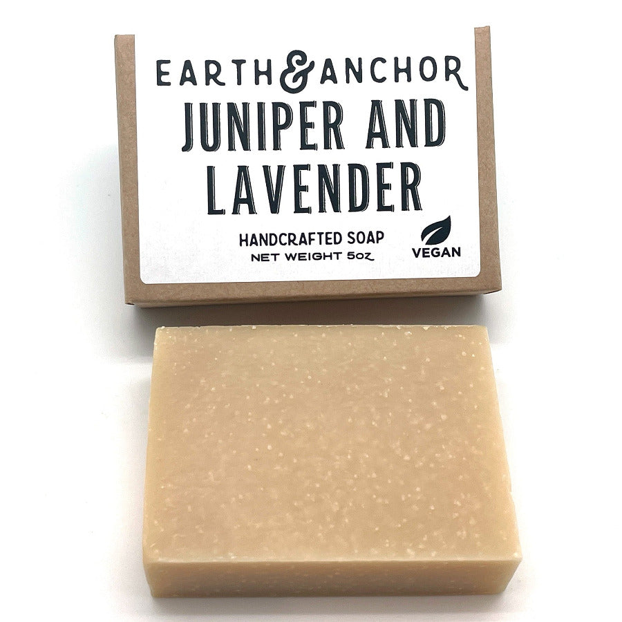 Earth & Anchor Juniper and Lavender soap bar with packaging on a white background