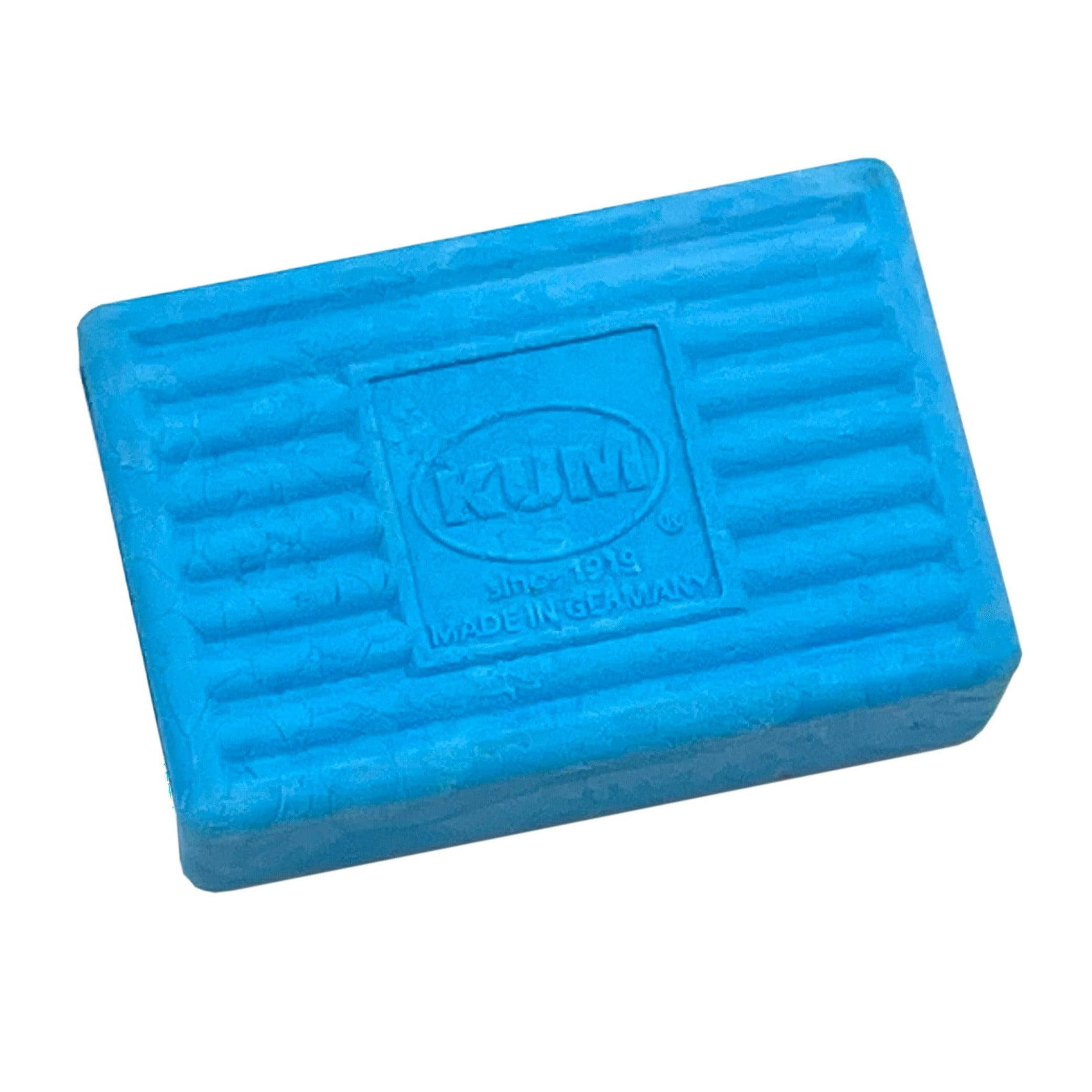 Aqua blue KUM rectangular eraser with a brand logo on a white background