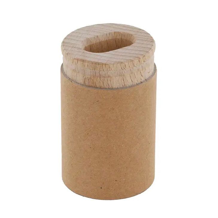 Wooden pencil sharpener with recycled canister on a white background