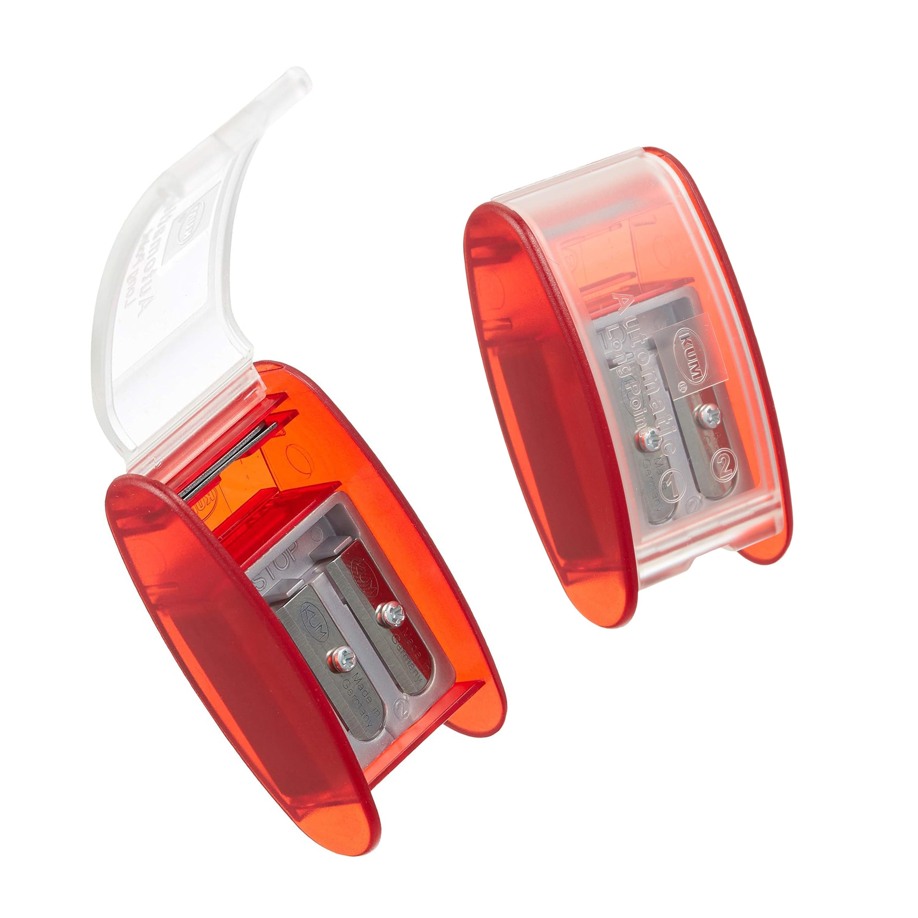 Two red pencil sharpeners on a white background
