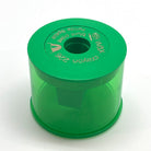 Green jumbo crayon sharpener that also sharpens jumbo pencils on a white background