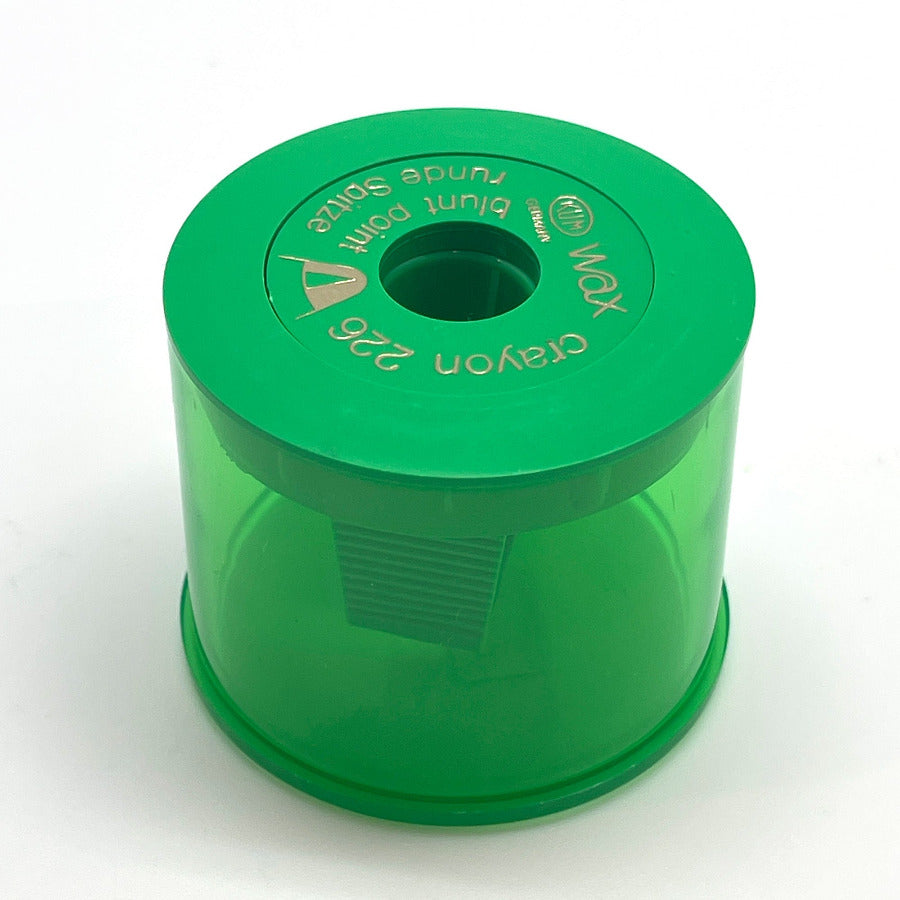 Green jumbo crayon sharpener that also sharpens jumbo pencils on a white background