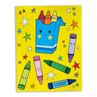 Crayon-themed notebook with colorful crayons and a happy face on a yellow background