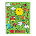 Children's sketchbook with colorful illustrations on a green background