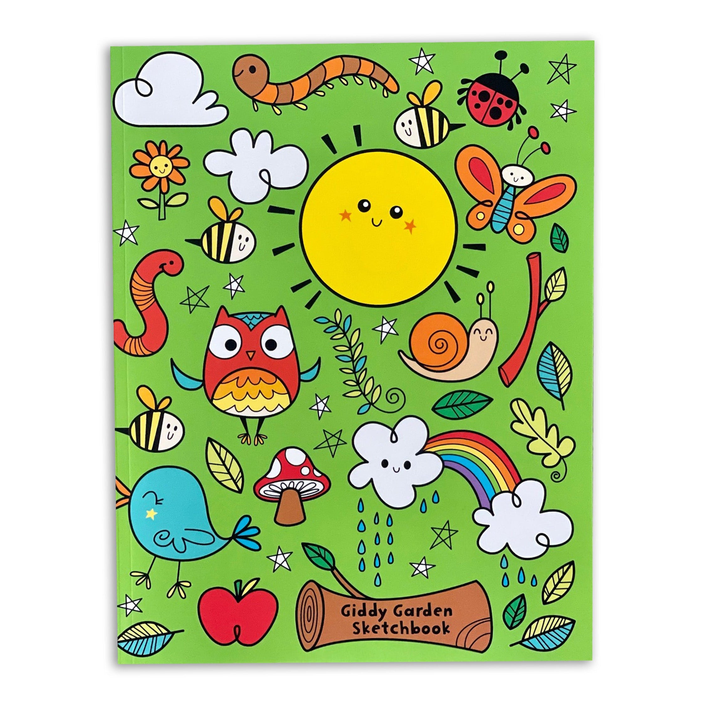 Children's sketchbook with colorful illustrations on a green background