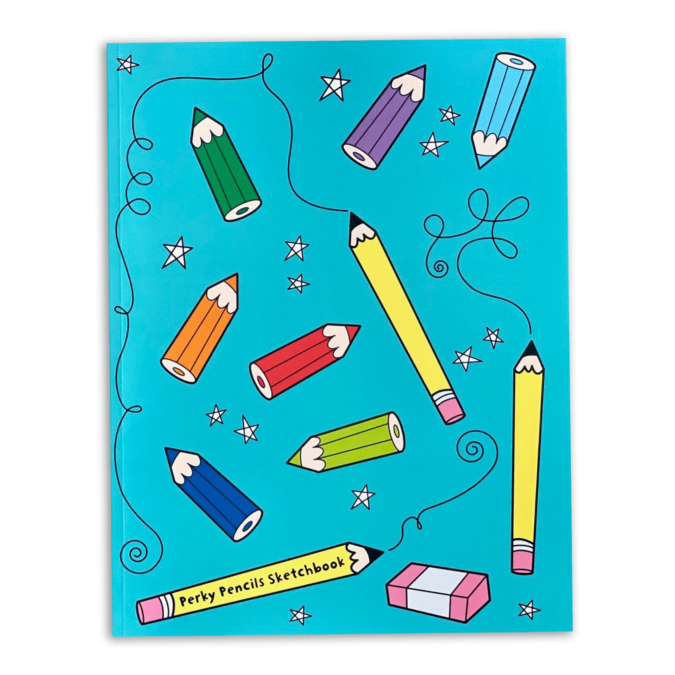 Colorful pencil illustrations on a blue background with 'Perky Pencil Sketchbook' text.