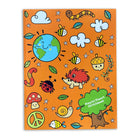 Children's notebook with animal and nature-themed illustrations on an orange background