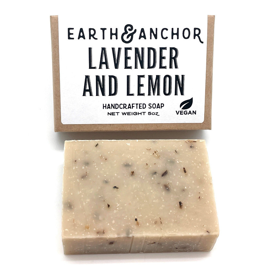 Earth & Anchor Lavender and Lemon soap bar with packaging on a white background
