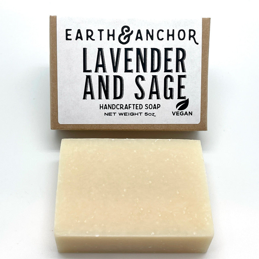 Earth & Anchor lavender and sage soap bar with packaging on a white background