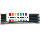 A set of black rainbow pencils with multicolored tips in a clear cello bag with label "6 Rainbow Pencils Write and Draw in 7 Brilliant Colors"