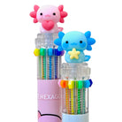 Two colorful axolotl ballpoint pens with multi-color 10- in-1 click retractable ink tips on a white background 