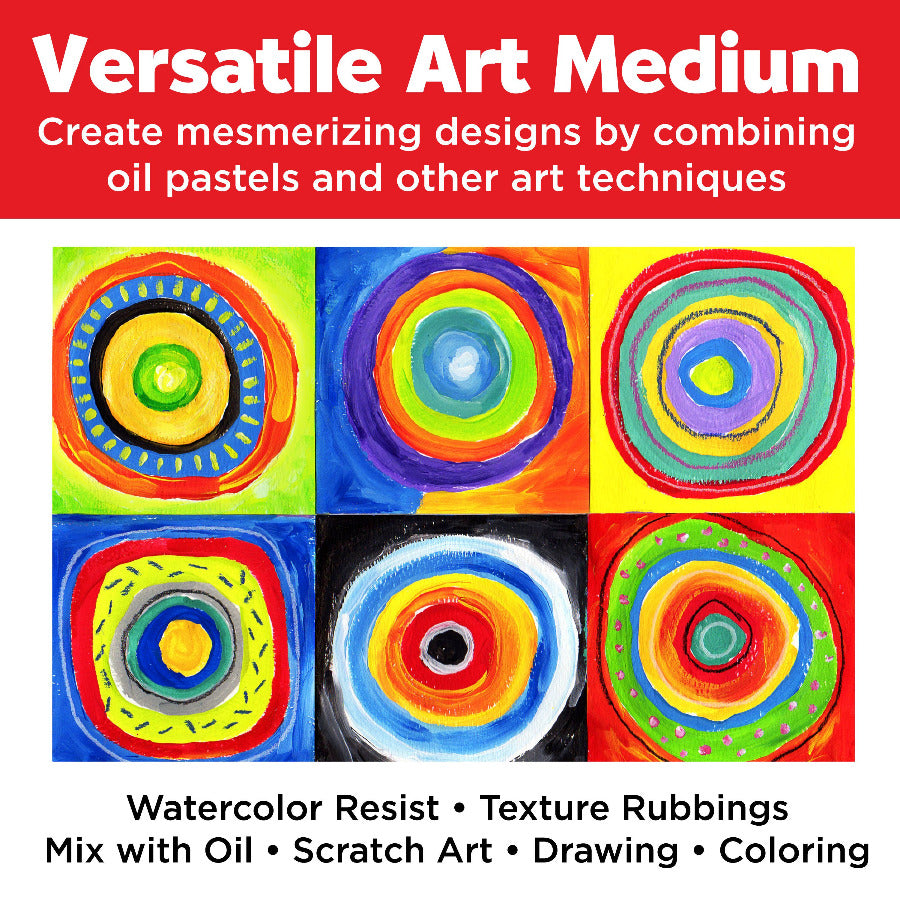 Advertisement for Versatile Art Medium with colorful circular designs and text about art techniques.