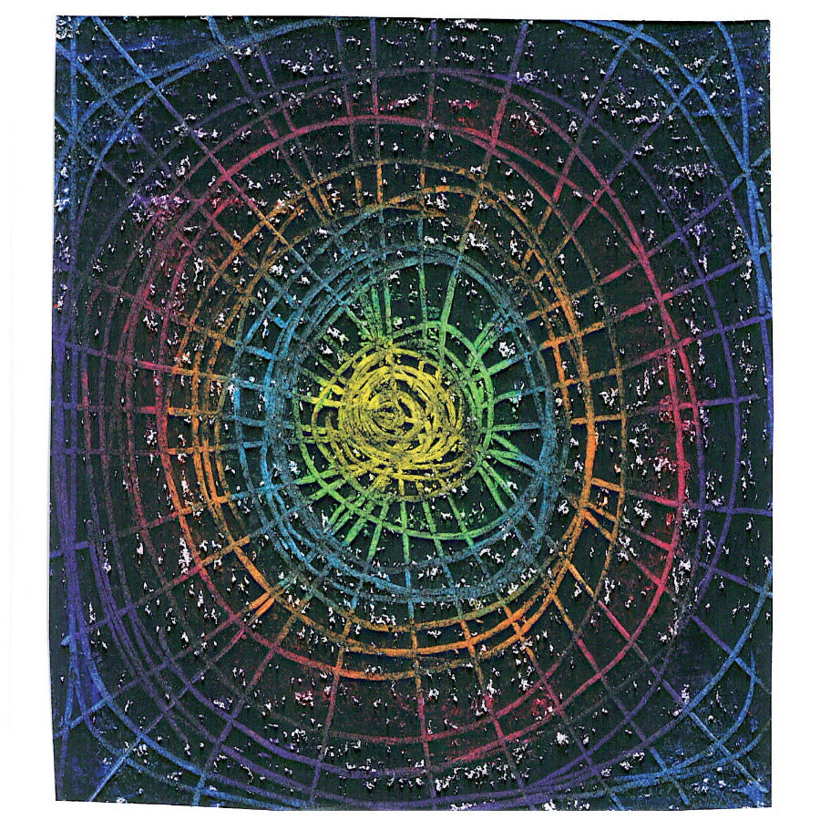 Colorful circular pattern with a grid on a black background