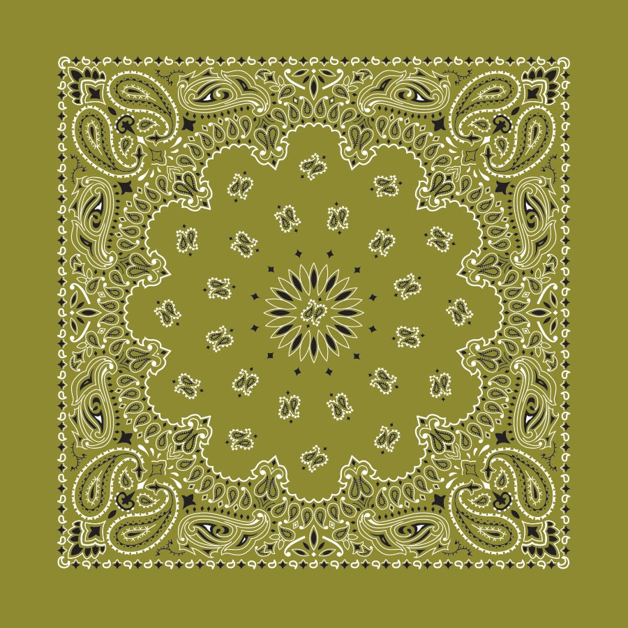 Classic 100% Cotton paisley pattern bandana in olive green Made in USA 