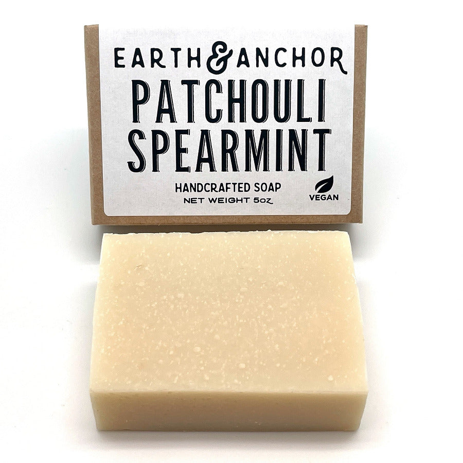 Earth & Anchor Patchouli Spearmint soap bar with packaging on a white background