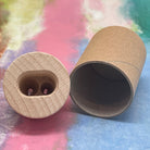 Recycled cardboard canister pencil sharpener with wooden top and double holes for standard and jumbo pencils sharpening