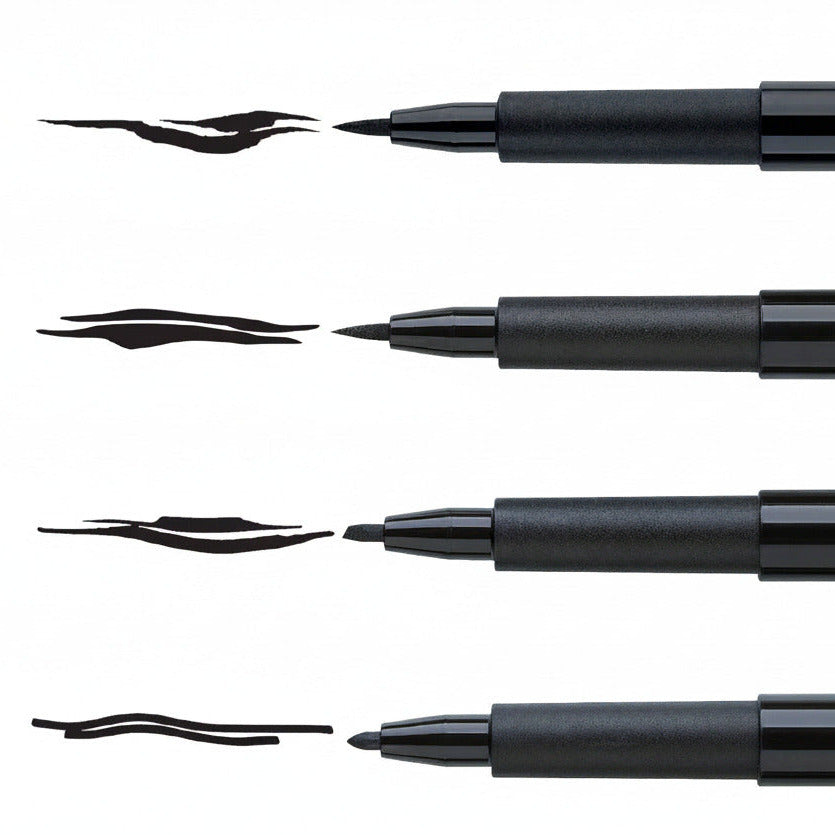 Four Pitt Artist Pens with nibs displayed on a white background