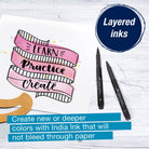 Promotional image with layered inks and markers on a white background