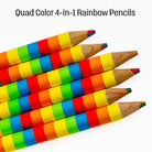 Four rainbow-striped colored pencils arranged diagonally on a white background, with the text 'Quad Color 4-in-1 Rainbow Pencils' at the top.