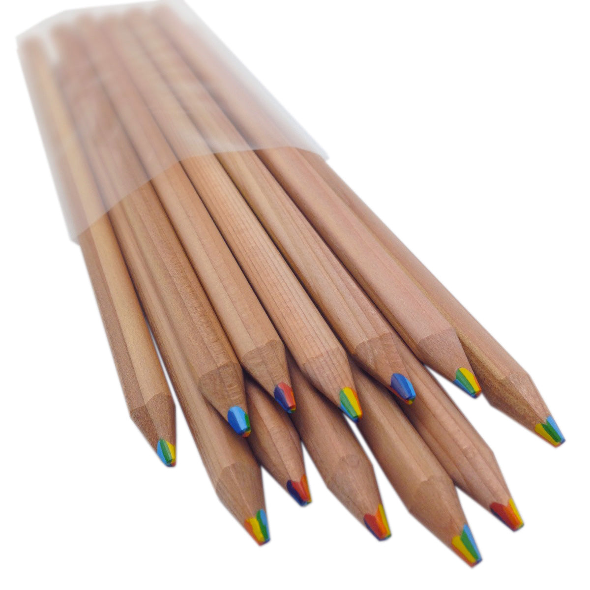 Set of triangular shape pencils with rainbow tips in a cello bag