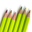 Six sharpened rainbow colored pencils with bright lime green bodies and multicolored tips, arranged diagonally on a plain white background.