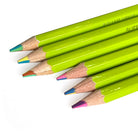 Six colored rainbow pencils with bright lime green barrels arranged diagonally on a plain white background, showing their sharpened wood tips and various multi-colored tips.