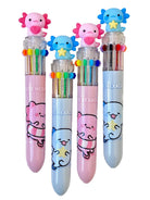 Retractable Multi Color Pens with 10 ink colors in 1 pen with colorful axolotl tops on a white background
