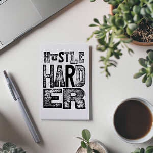Stationery set of 6 motivational notecards with inspirational phrases that will appeal to fitness enthusiasts and followers of the 75Hard program, crossfit, rucking lifestyle. This card says, "Hustle harder"