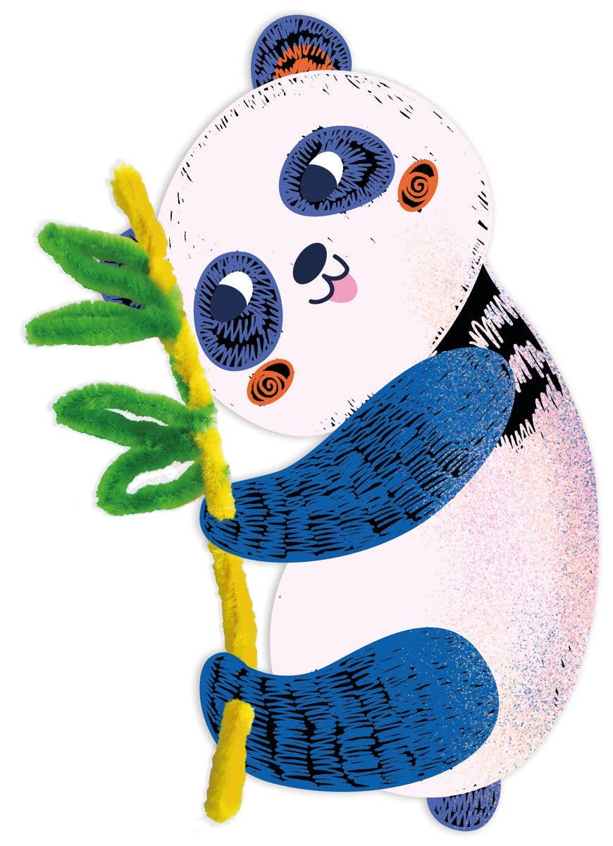 Illustration of a panda holding a bamboo shoot with colorful background.
