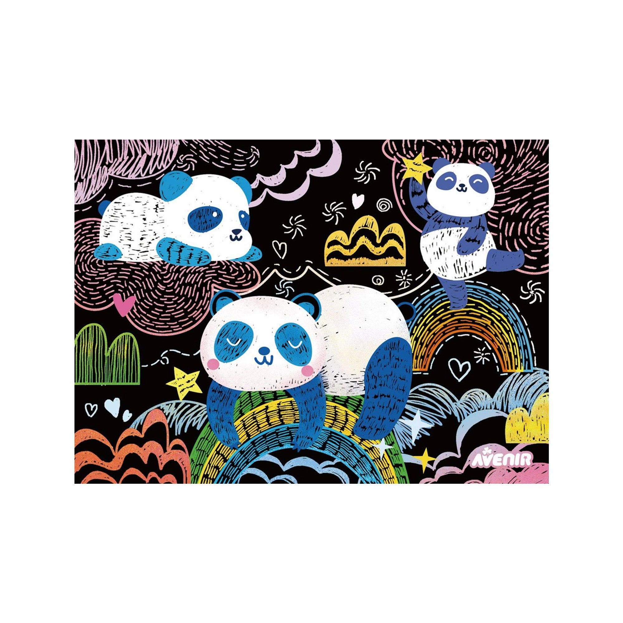 Rainbow scratch art activity with three pandas