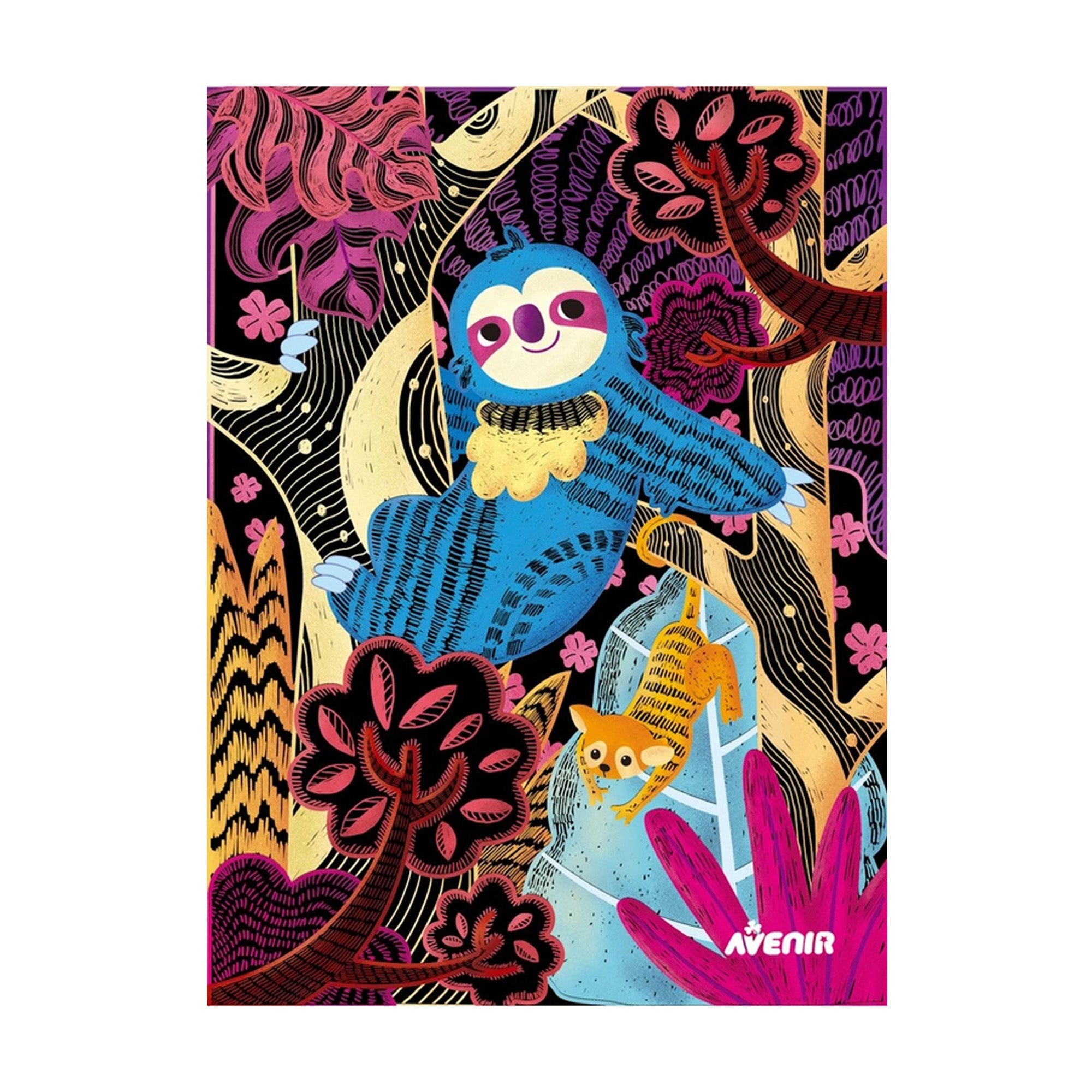 Rainbow scratch art activity with sloth in the jungle