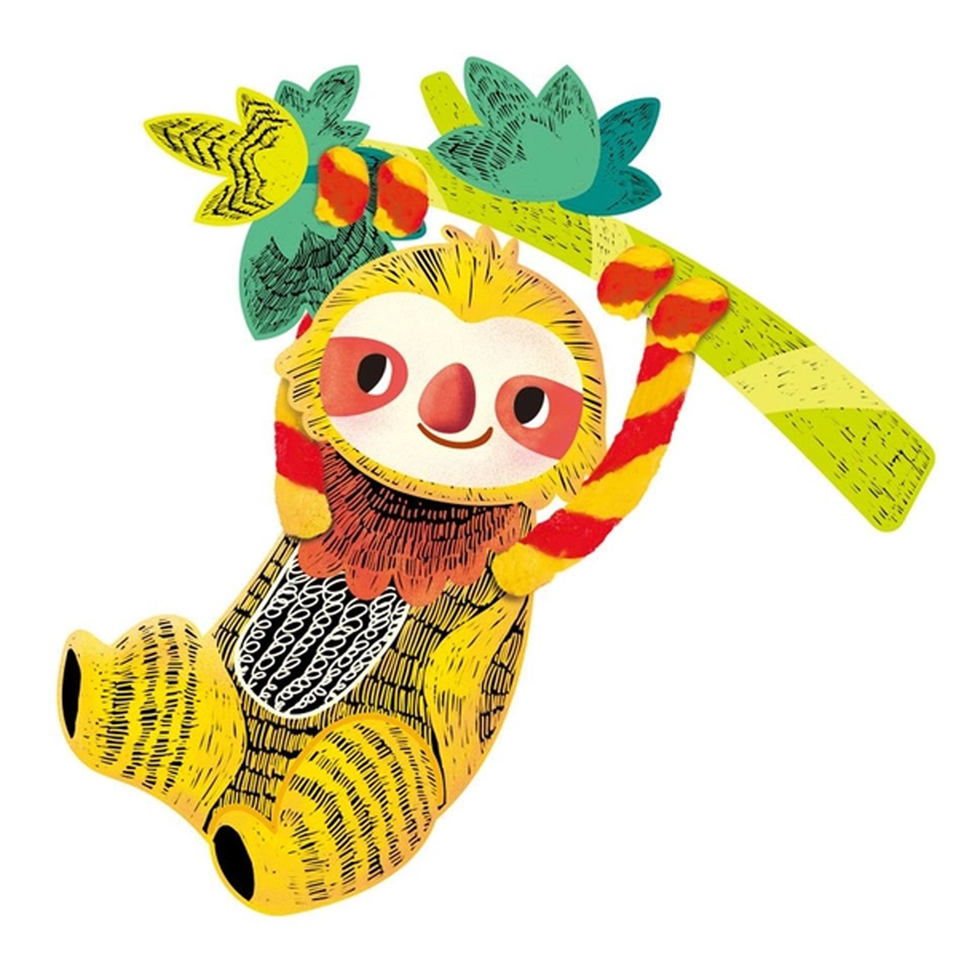 Illustration of a colorful sloth scratch art kit with a pre-stenciled design showing a sloth holding leaves.
