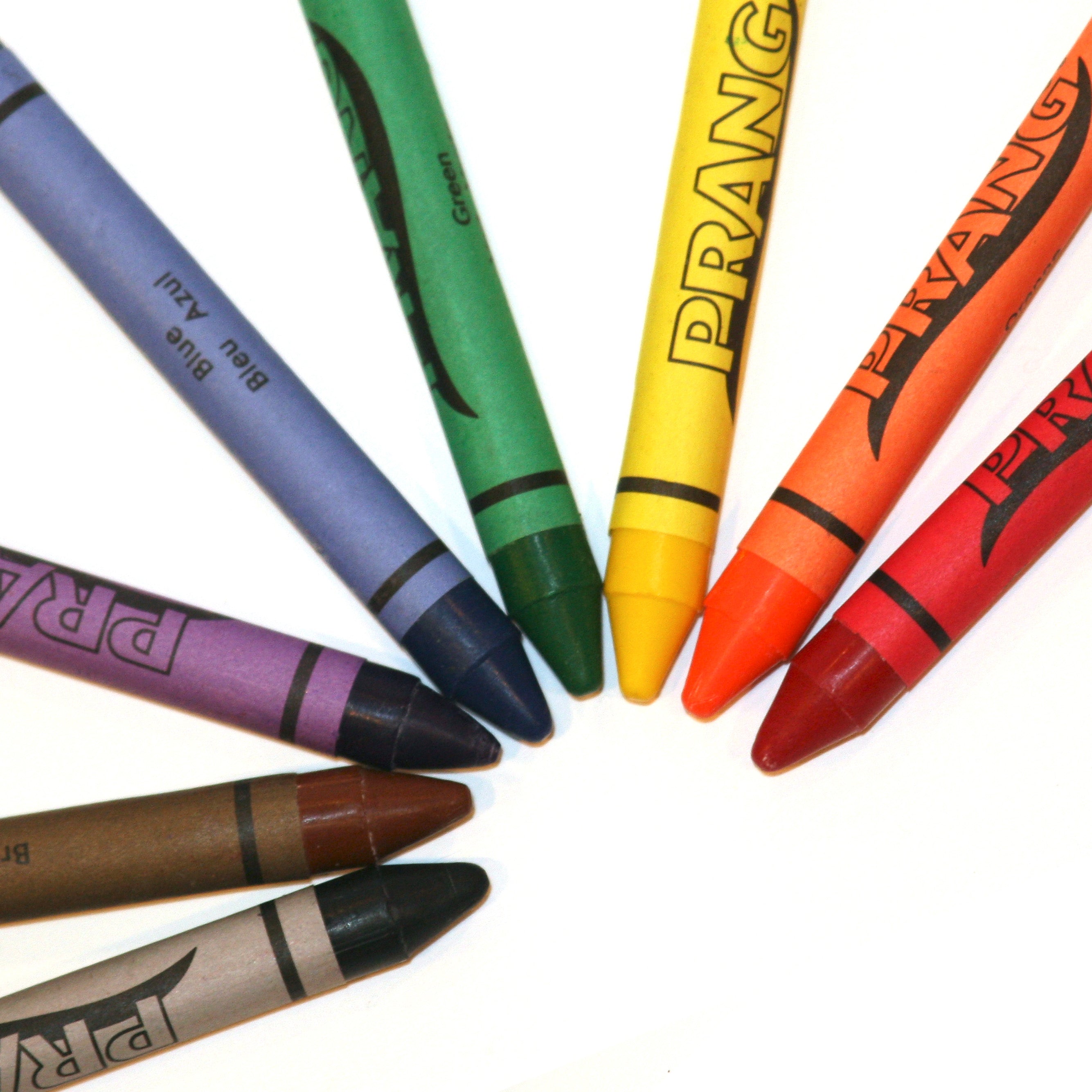 A selection of colorful soy crayons made by Prang, with a smooth wax finish and no visible bloom.